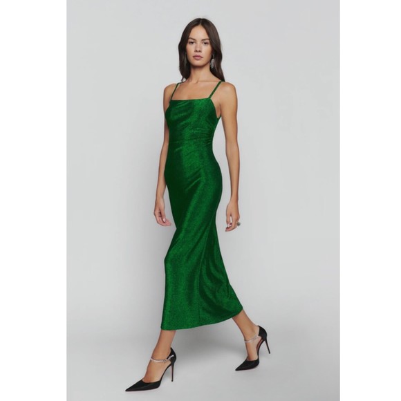 Reformation Dresses & Skirts - NEW Reformation Emerald Green Sparkle Breslin Dress Glitter Midi Small